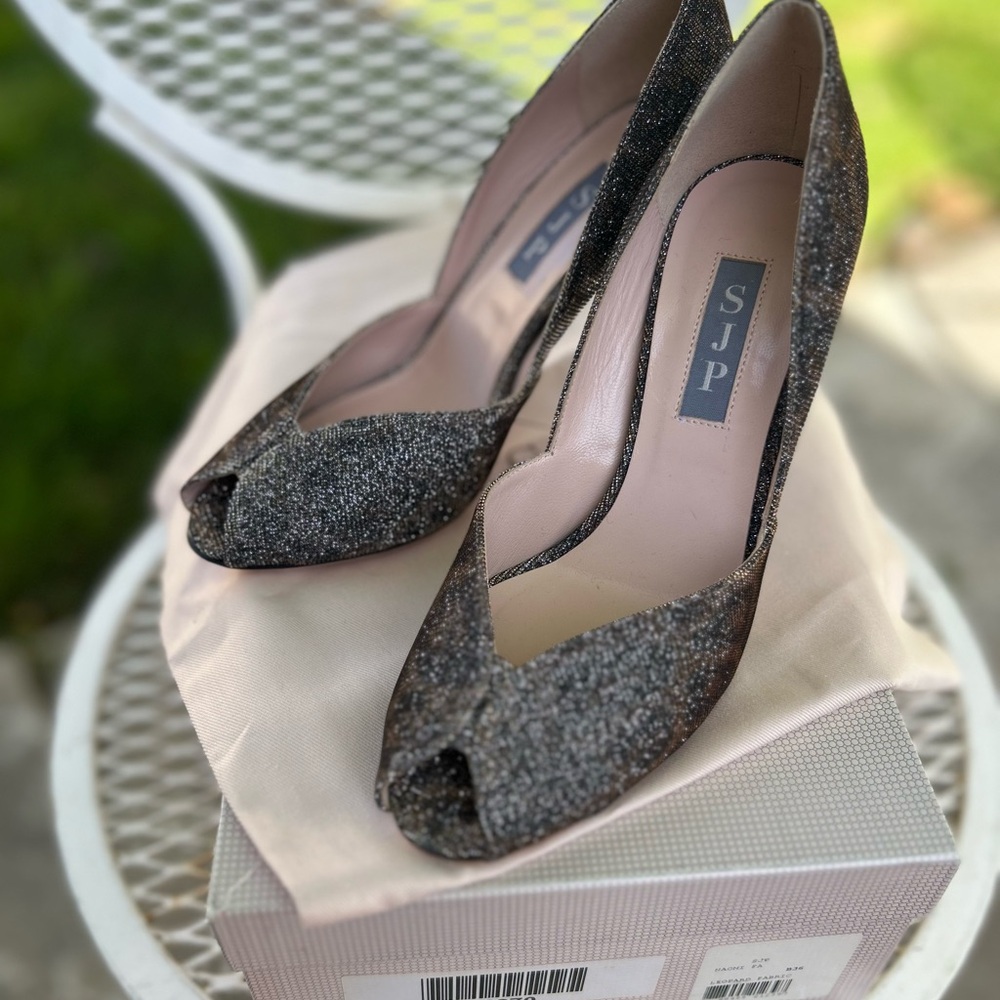 SJP by Sarah Jessica Parker Glitter Peep Toe Heels - Black and Silver